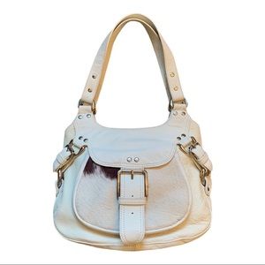 White Leather Hobo Style Handbag with Calf Hair